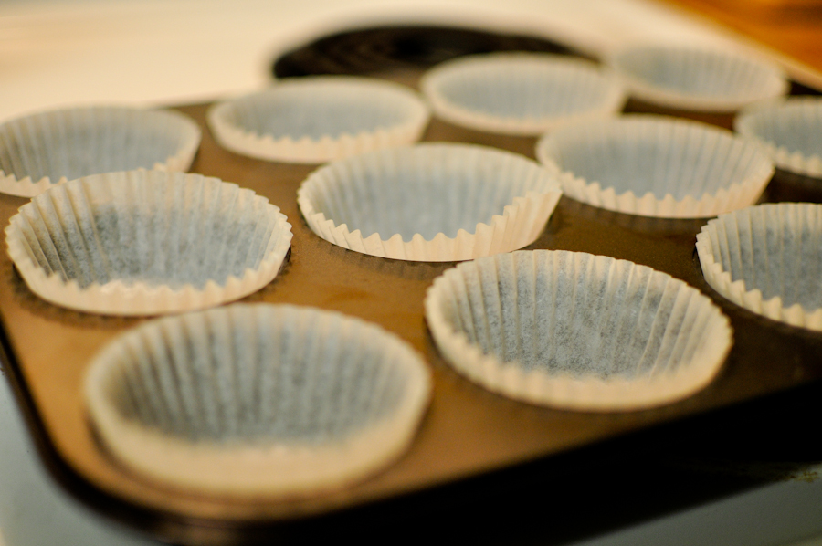 Grab yourself a normal muffin tray and some paper cups. Preheat your oven to 350.